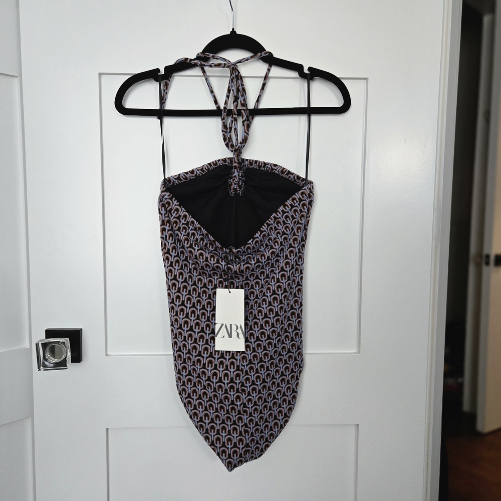 NWT Zara Halter Bodysuit With Mod Pattern Center Tie And Rouching - Picture 9 of 12